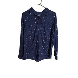St Johns Bay Womens Button Up Polka Dot Navy Blue/White Size L